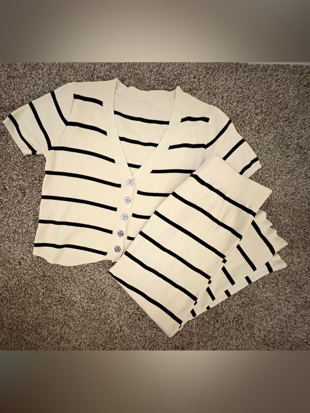 Striped Cream & Black Knit Button Cardigan Top - One size